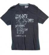 Sharp style. Shoulder epaulets and contrast piping along the sides of this shirt add a touch of the modern to the faded soft cotton of this t-shirt from DKNY Jeans.