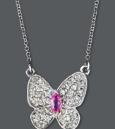 Effy Collection's whimsical butterfly pendant brings out your most lighthearted side. Crafted in 14k white gold, pendant highlights round-cut diamond wings (1/3 ct. t.w.) and a marquise-cut pink sapphire center (1/6 ct. t.w.). Approximate length: 16 inches. Approximate drop: 1/2 inch.