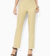 Crafted in luxurious silk-linen poplin for lightweight elegance, these Lauren by Ralph Lauren pants are tailored in a modern ankle-length silhouette with chic vintage-inspired buckles at the back.