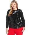 Make a dazzling entrance in Calvin Klein's plus size motorcycle jacket, flaunting a sequined front!