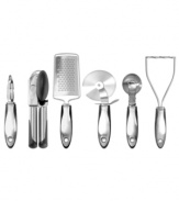 This all-inclusive set of kitchen essentials features streamlined shapes in brilliantly brushed stainless steel with soft rubber grips for consistently comfortable use. Manufacturer's lifetime limited warranty.