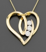 Three round-cut diamonds (1/4 ct. t.w) punch up a classic heart shape on this diamond necklace. Set in 14k gold. Chain measures 16 inches; pendant measures 3/4 inches.