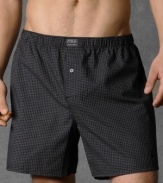 A classic boxer in soft woven cotton with signature Polo details. Features elasticized waistband with logo tag at center front, single-button fly and embroidered pony logo on lower leg.