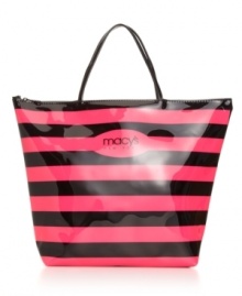 Stunning in stripes, we can't get enough of this high-shine Macy's bag. This spacious design features a neon and black contrast pattern with a convenient zip top closure.