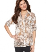 Take it easy and keep it chic in this Ellen Tracy blouse. The allover floral print on semi-sheer fabric makes it an effortless match with a cami and dark jeans!