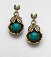 A Hellenic-inspired design that features a stunning turquoise cabochon set in antique-finished brass. TurquoiseAntique-finished brassDrop, about 2.25Post backImported 