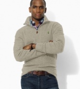 The ultimate in modern prep, a half-zip mockneck pullover sweater is double-Jacquard-knit in sueded French-rib cotton with a faux-suede zip pull.