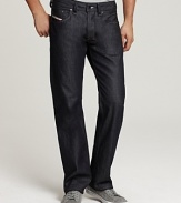 Button fly 5 pocket jean with v embroidery on back pockets and classic, straight leg fit.