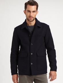 A youthful and modern representation of a classic outerwear silhouette, this donkey-style jacket is crafted in a luxurious blend of Italian wool and cashmere with expert seam detail for a smooth, sophisticated finish.Button-frontWaist flap pocketsAbout 29 from shoulder to hem70% wool/20% nylon/10% cashmereDry cleanImported of Italian fabric