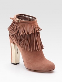 On-trend suede fringe emboldened by a partially metal heel and dainty, wrap-around buckle. Suede and metal heel, 4½ (115mm) Suede upper Side zipper Leather lining and sole Padded insole Made in ItalyOUR FIT MODEL RECOMMENDS ordering one half size up as this style runs small. 