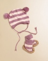 This adorably striped set offers a bold, fun take on two baby basics. Hat Braided tie closurePom-pom ears Booties Pull-on style with knit cuffsBottom tractionCottonMachine washImported