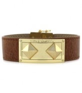 A leather bracelet gets even bolder. This magnetic closure bracelet from Vince Camuto features an ID plate and pyramid studs crafted from gold-tone mixed metal to really make a name for itself. Approximate length: 8 inches.