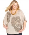 Make a dramatic statement with Style&co.'s butterfly sleeve plus size top, finished by an embellished burnout-print.