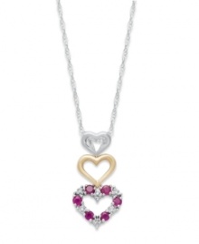 Three times the love. This pretty pendant features not one, not two, but three adorable cut-out hearts. Crafted in 14k gold and sterling silver with round-cut rubies (1/4 ct. t.w.) and sparkling diamond accents. Approximate length: 18 inches. Approximate drop: 1 inch.