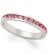 Traditions beautiful stacking ring is perfect when paired with other slim rings, but makes a pretty sparkling statement all its own. Crafted in sterling silver, a thin band features a row of round-cut pink crystals with Swarovski elements. Size 5-10.