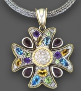 Effy Collection puts a modern twist on classic design with this beautiful 18k gold and sterling silver pendant. Featuring round-cut diamond (1/4 ct. t.w.), oval-cut amethyst (1/4 ct. t.w.), princess-cut amethyst (1/3 ct. t.w.), marquise-cut blue topaz (1/3 ct. t.w.), oval-cut blue topaz (1/3 ct. t.w.), pear-cut blue topaz (3/4 ct. t.w.), marquise-cut citrine (1/5 ct. t.w.), oval-cut citrine (3/8 ct. t.w.) and pear-cut citrine (3/8 ct. t.w.). Approximate length: 18 inches. Approximate drop: 1 inch.