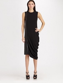 An artful, asymmetrical drape and a band of shiny, leather-look trim lend modern touches to this edgy silhouette.Jewel necklineSleevelessContrast side trimGathered side drapeAsymmetrical hemlineConcealed back zipAbout 37 from natural waist60% triacetate/40% polyesterDry cleanMade in Italy of imported fabricModel shown is 5'11 (180cm) wearing US size 4. 