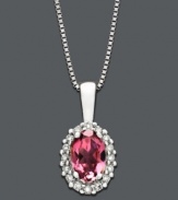 Channel a look fit for royalty. Pendant features vibrant oval-cut pink tourmaline (3/8 ct. t.w.) surrounded by a sparkling halo of round-cut diamond accents. Crafted in 14k white gold. Approximate length: 18 inches. Approximate drop: 1/2 inch.