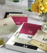 Heavyweight linen cocktail napkins with embroidered monogram detail and a row of refined, thread-drawn hemstitching. Set of 4 6 X 9 Linen Machine wash Imported 