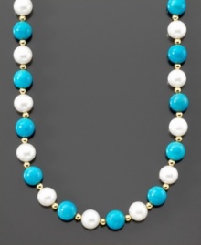 Put a pop of color in your style with this lovely necklace. Featuring turquoise (8 mm), cultured freshwater pearls (8-9 mm) and 14k gold beads, set in 14k gold. Approximate length: 18 inches.