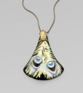 A graceful, bell-shaped pendant of hand-sculpted, hand-painted Lucite reflects the exotic patterns an rich colors of a peacock feather, and hangs from a bold box chain with a Swarovski crystal-set bale.LuciteCrystalGoldtoneBronze and gunmetal platedLength, about 18 with 3 extenderLobster claspMade in USA