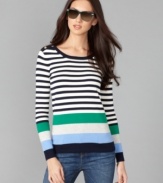 Stay cozy in a slim sweater silhouette with this number from Tommy Hilfiger. Goldtone buttons at the shoulders and colorblocked stripes are simply chic.