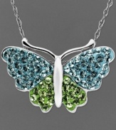 Draw stylish inspiration from nature. Kaleidoscope's darling butterfly pendant features blue and green crystal wings with Swarovski Elements. Set in sterling silver. Approximate length: 18 inches. Approximate drop: 1/2 inch.