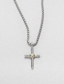 From the Thoroughbred Collection. A delicate cabled cross of sterling silver wrapped in 14k yellow gold on a sterling silver box link chain. Sterling silver with 14k gold accent Cross length, about 1 Chain length, about 16 Lobster clasp Made in USA