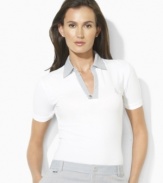 An iconic polo shirt is redefined for an active lifestyle in the essential short-sleeved look from Lauren by Ralph Lauren, rendered in breathable stretch cotton jersey with a pincord-trimmed split neckline for stylish comfort.