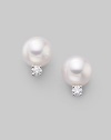 From the Akoya Collection. Classic white cultured pearl studs with sparkling diamond accents, set in 18k gold. 7mm white round cultured pearls Quality: A+ Diamonds, 0.10 tcw 18k white gold Post back Imported