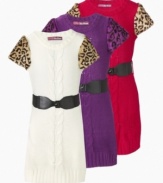 Bring a bit of the exotic to her life with this fun animal-print accented sweater-dress with belt from Epic Threads.