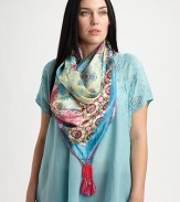 A glorious woven silk scarf with a perfectly charming print.42 X 42SilkHand washImported