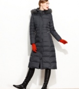 Long and luxuriously trimmed with faux fur, DKNY's puffer coat gives you insulation from the cold with maximum style!