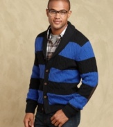 A modern striping pattern reinvigorates this classic shawl collar sweater from Tommy Hilfiger.