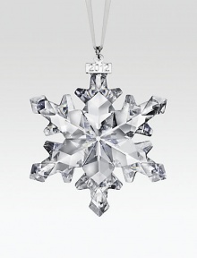 This year's annual ornament is a delightfully detailed, wonderfully collectible snowflake, carefully faceted to catch and reflect the light with endless shimmer.CrystalWhite satin ribbon2012 tagAbout 3.25H X 2.5WMade in Austria