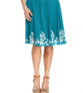 A bold color and dainty embroidery combine for a must-have summery skirt from Charter Club. Try it with a breezy blouse tucked in or out!