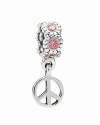 A sterling silver peace sign dangles from a PANDORA charm sparkling with salmon cubic zirconia.