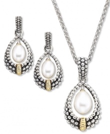 A match made in heaven. Oval-shaped pearls (7x5 mm) serve as the focal point for a sterling silver and 14k gold pendant with 18-chain, and gorgeous matching earrings. Earring drop measures approximately 1 inch.