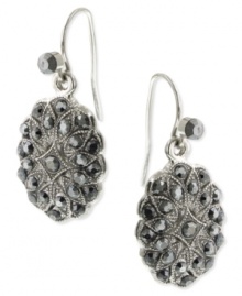 Moody circles add a bold touch to your look. These drop earrings by 2028 feature an oval silhouette decorated with faux-marcasite accents. Crafted in silver tone mixed metal. Approximate drop: 3/4 inch.