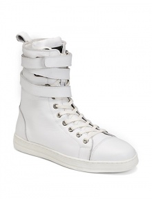 This high top lace-up design is all about the details, adorned with a trio of ankle straps and an exposed zipper for added edge.Italian leather upper Lace up and zip closure Ankle straps with grip-tape closure Leather lining Padded insole Rubber sole Imported