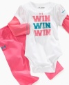 The message here is clear, win win win! This cute Under Armour bodysuit and pants set will have her looking like a champ.