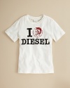 A cotton crewneck tee is adorned with I LOVE DIESEL logo print.