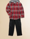 An everyday, plaid flannel shirt tee is designed in a layered-look silhouette with attached hood.Attached hoodLong sleevesButton-frontButton-flap patch pocketsCottonMachine washImported Please note: Number of buttons may vary depending on size ordered. 