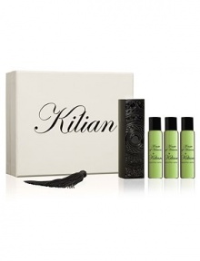 Inspired by Absinth, bittersweet nectar of poets. A travel spray for men and women. A magnetic object, literally. A monolith engraved with the Achilles' shield, signature of L'Oeuvre noire collection. As always, the travel spray is refillable, to travel with your favorite Kilian fragrance. Set of four 0.25 oz. sprays. 