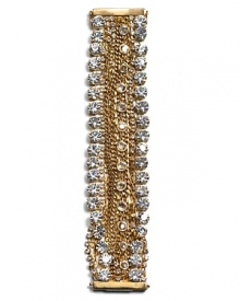 This rocker chic bracelet gets a dose of glamour with the addition of rhinestones. Multiple brass chains come together with a magnetic closure. Day or evening, this bracelet is a seriously chic statement.