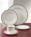 The Rochelle Platinum place settings collection has an understated elegance and is superbly crafted of white bone china. The platinum band has a subtle, art deco-inspired geometric design with small raised dots for added flair.