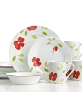 Paradise found. Tropical blooms and bands of coordinating color coupled with the lasting durability of Corelle lend the Garden Paradise dinnerware set to casual, carefree dining.