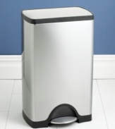 Maintain your kitchen's clean, modern lines with simplehuman's deluxe trash can. The rectangular shape fits unobtrusively in the corner, while advanced lidshox(tm) technology uses air suspension shocks to control the lid for a slow, quiet close. 10-year warranty.