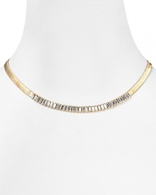 ABS by Allen Schwartz makes a subtle nod to the collard necklace with this baguette chain. Gleaming gold and delicate stations give this flat piece sparkly dimension.