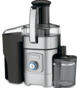 No more mess. Create fresh, nutritious fruit and vegetable drinks in no time. Cusinart's juicer features a large 3 feed tube to handle whole fruits and vegetables like apples, carrots… even a squash. The adjustable flow spout controls the flow rate and the 5-speed control dial gives you more options. Three-year limited warranty. Model CJE-1000.